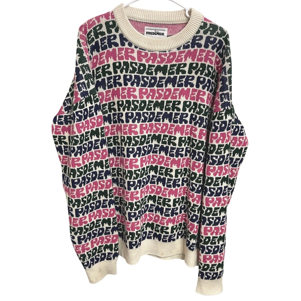 Pas De Mer All Over Logo Knit Sweater Graffiti Oversized Crewneck Men's Size XLL